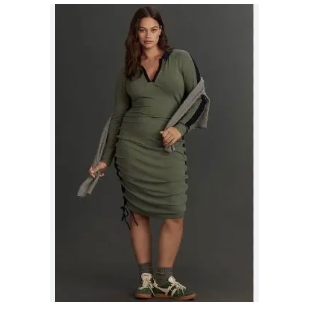 Daily Practice by Anthropologie Green Ribbed‎ Ruched Polo Midi Dress Small
